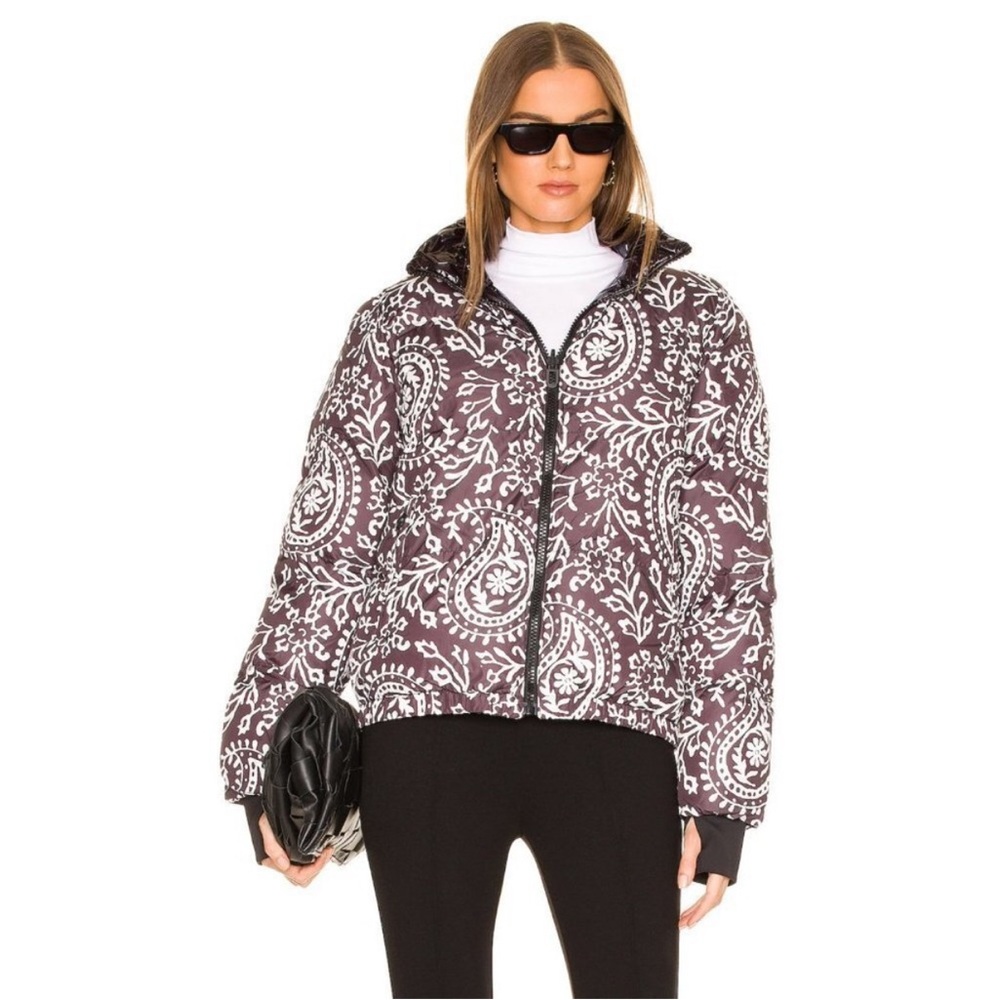 Dualist Sacha Reversible Puffer Jacket in black and white paisley/bandana print